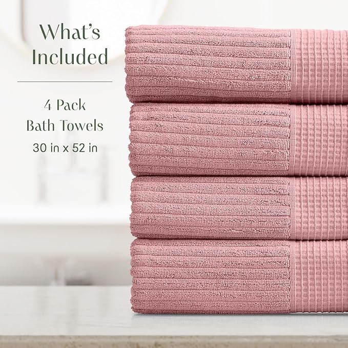 Springtree Home 100% Cotton Bath Towel Set of 4 | Super Soft & Absorbent with Quick-Dry Fibers | 4 Bath Towels | Textured and Durable Cotton | Krista Collection - Bridal Rose