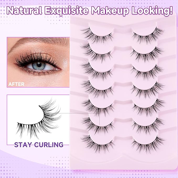 False False Eyelashes Lashes Cat Eye Natural 15mm Manga Eyelashes Wispy with Thin Band 3D Volume False Lashes Anime Lashes Soft Strip Lashes Pack C Curl Fake Eyelashes 7 Pair EVENTILL