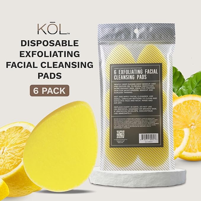 KOL Face Scrubber, Lemon Infused Exfoliating Facial Cleansing Pads, Disposable Exfoliator Face Sponge for Daily Cleaning and Makeup Removal, 6 Count\