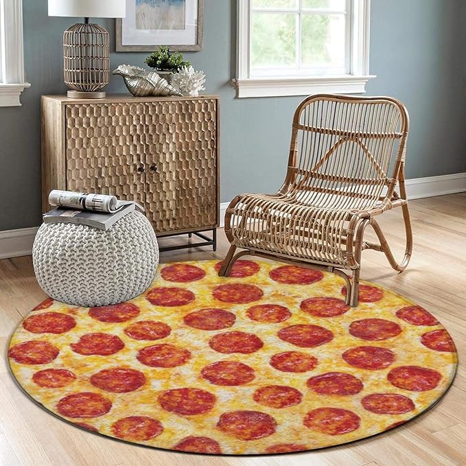 Large Machine Washable Circular Rugs, Home Decor Round Mat for Living Room Sofa Office Compatible with Pepperoni Pizza
