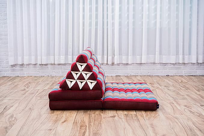 Leewadee 3-Fold Mat XXL with Triangle Cushion – Firm TV Pillow, Foldable Mattress with Cushion Made of Kapok, 67 x 31 inches, Blue Red