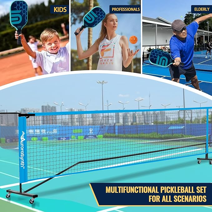 AuroraSynth Portable Pickleball Net Set with Wheels, 22 x 3ft Regulation Size Pickle Ball Net with Ball Collector, 4 Pickle Balls, 4 Pickleball Paddles, Carry Bag for Backyards, Driveway, Garage
