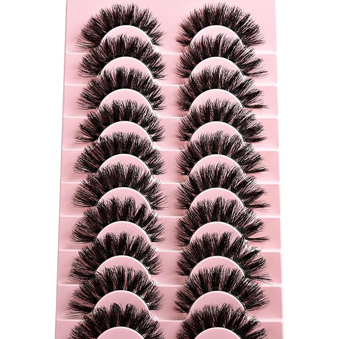 Lashes False Wispy Eyelashes Volume Cat Eye Lash Strips Fake Mink Eyelash Pack Natural Look Fluffy Full Strip Lashes Set Clear Band Easy Eyelashes for Beginners with Cluster Looking