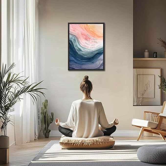 Mental Health Wall Art, Therapy Office Pictures Wall Decor, Inhale Exhale Art Paintings, Canvas Prints, Therapist Artwork for Meditation Room Calming Corner Decoration, Floating Framed 12x16 Inch