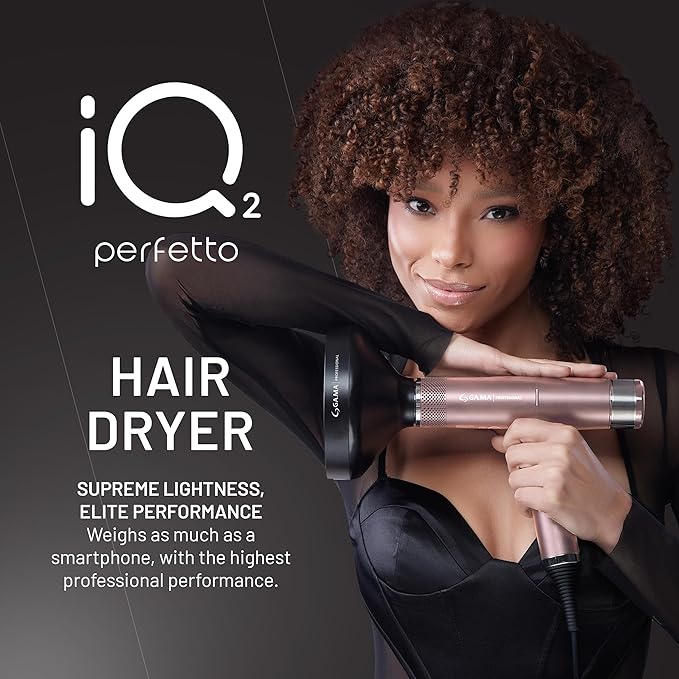 GA.MA iQ2 Perfetto Hair Dryer with 120,000 RPM Intelligent Turbo Motor, Auto-Standby, Oxy Active Technology, Includes 10 Filters, Rose Gold