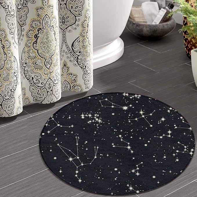 Large Home Decor Mat, Soft Round Yoga Carpet, Non-Slip Machine Washable Kitchen Office Circle Rug Compatible with Zodiac Constellation Galaxy Black Starry Night Stars Glow Dark Midnight