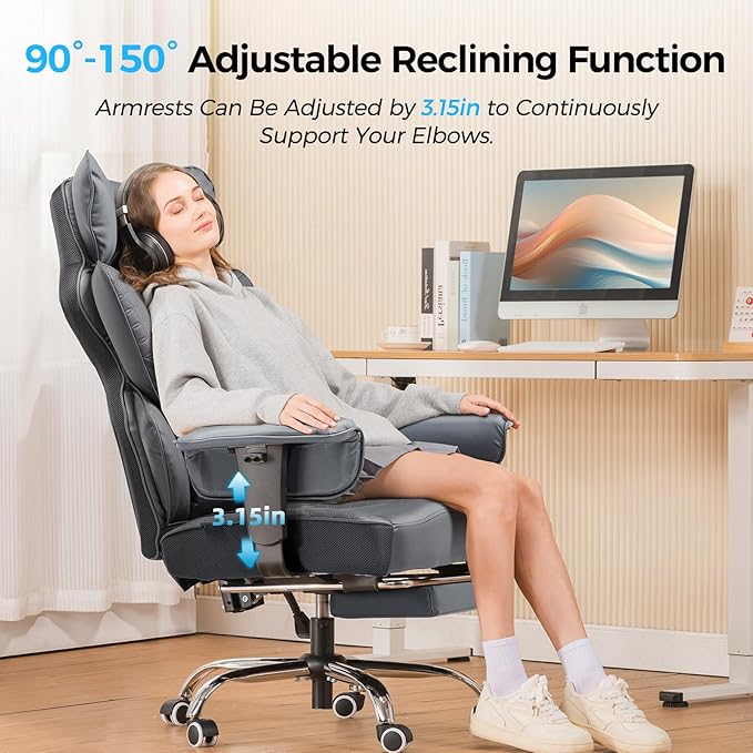 COMHOMA Big and Tall Office Chair 400LBS Wide Ergonomic Gaming Chair with Deluxe Embossing Designed Leather with Foot Rest,150°Reclining Adjustable Armrests Pocket Spring Back Support and Pillow