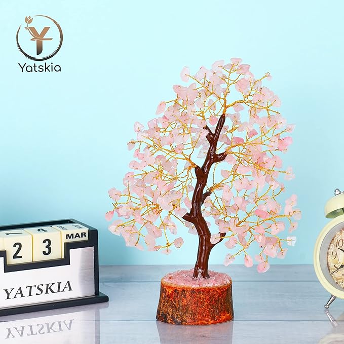 YATSKIA Rose Quartz Tree - Quartz Crystal Tree for Positive Energy - Birthday Gifts for Women - Feng Shui Decor - Gemstone Home Decor - Pink Desk Accessories
