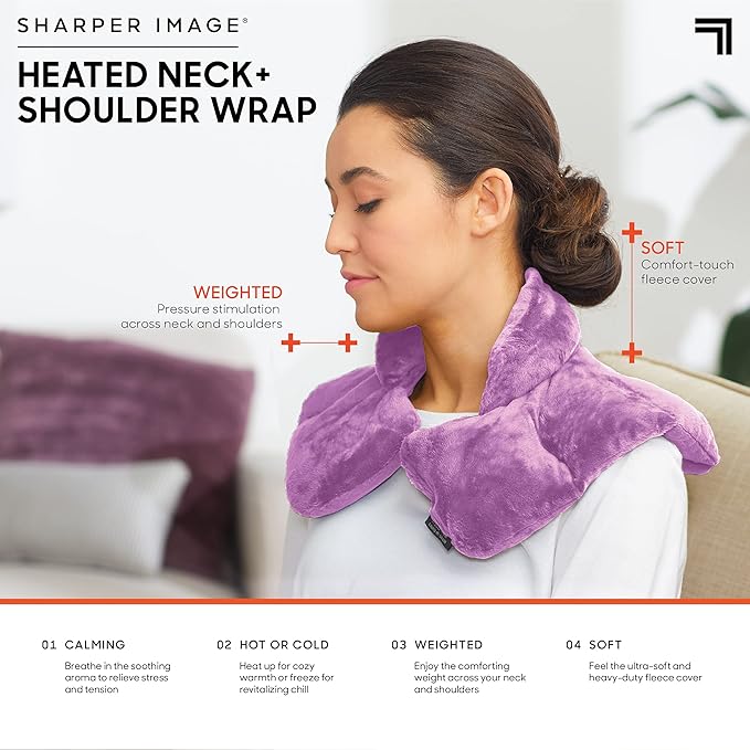 Sharper Image Heated Neck & Shoulder Wrap - Microwavable Warm & Cooling Plush Pad, Scented Aromatherapy (100% Natural Lavender & Herb Spa Blend), Pain Tension Headache Relief Therapy, Gift for Women