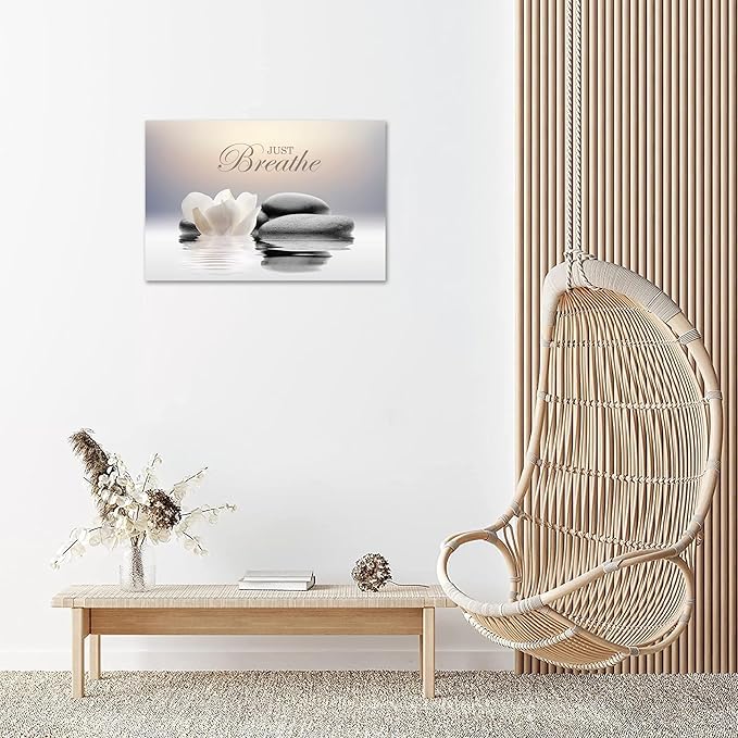 Zen Stone Canvas Wall Art Just Breathe Yoga Quotes Poster for Spa Decor White Lotus Flower Pictures Prints for Bathroom Modern Spiritual Artwork Framed (16 x 24inches)