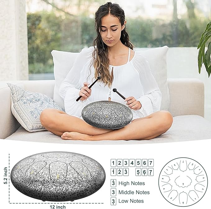 D Major Steel Tongue Drum Handpan, 12 Inch 13 Note Rain Drum for Outside Garden, Meditation Rain Chime, Musical Percussion Instrument for Adult Gift with Bag, Music Book, Drum Mallets (Star Sliver)