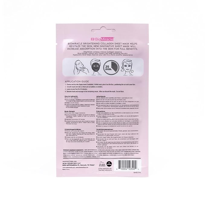 BioMiracle Revitalizing Collagen Face Mask, Infused with Rice Extract, Lemon and Turmeric, 10 Sheets (10 Pack)