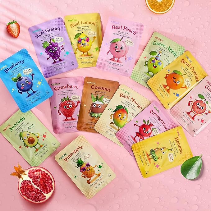 14 Pack Fruit Face Masks Skincare for Kids, Sheet Hydrating Facial Mask for All Skin Types, Bulk Collagen Face Mask for Women Skin Care, Birthday Party Spa Gifts for Teens Girls