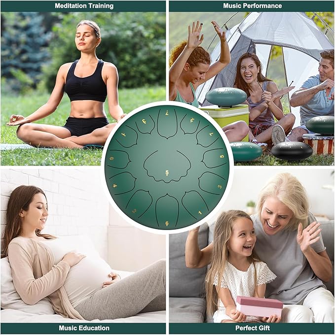 D Major Steel Tongue Drum Handpan, 12 Inch 13 Note Large Rain Drum for Outside Garden, Meditation Rain Chime, Musical Percussion Instrument for Adult Gift with Bag, Music Book, Drum Mallets (Green)
