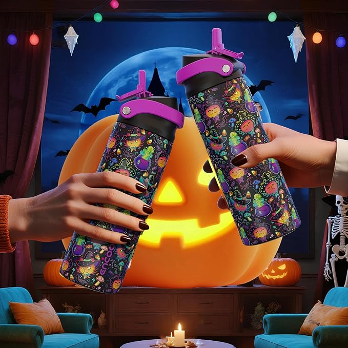 Halloween Gothic Water Bottle with Straw, Stainless Steel Insulated Water Bottle,Leak Proof, One-Touch Flip Lid, BPA Free, Holiday Gifts For Women Men, 24oz, Meowgic Night