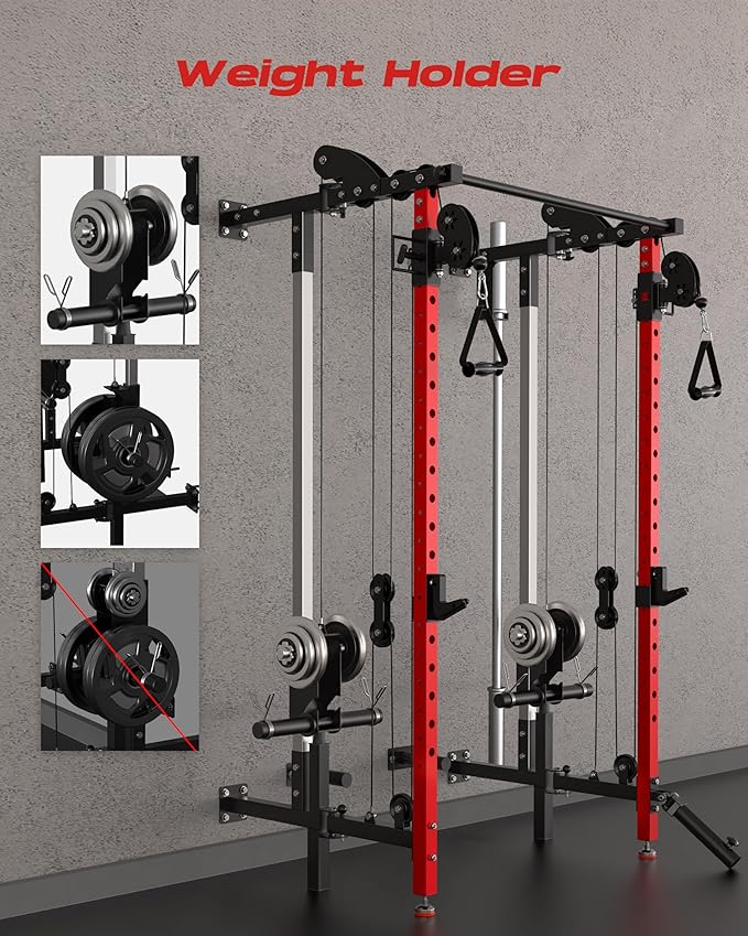 Folding Power Rack, Wall Mounted Squat Rack with Dual Independent Pulley System, Multi-Function Power Cage with 5 Adjustable Function Modes, Power Rack Trainer for Space Saving Home Gym