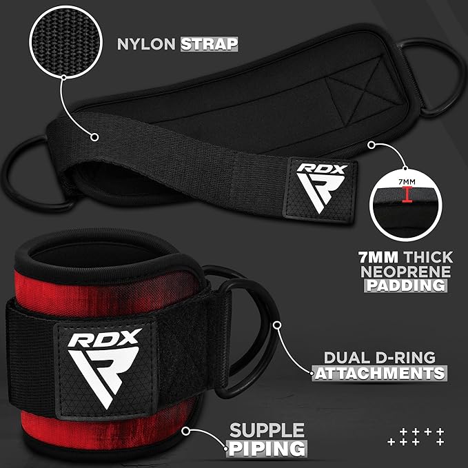 RDX Ankle Straps for Cable Machines – 7MM Neoprene Padded 10"x4" Adjustable Gym Cuffs with Dual D-Rings – Weight Attachments for Wrist Glutes Leg Kickbacks Hip Abduction Strength Workouts – Men Women