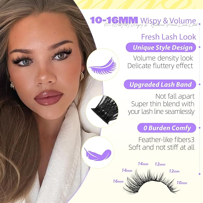 JIMIRE Lash Clusters Volume Eyelash Clusters 10-16MM D Curly Fluff Cluster Eyelash Extensions with Bottom Lash Clusters 136Pcs Individual Lashes DIY at Home