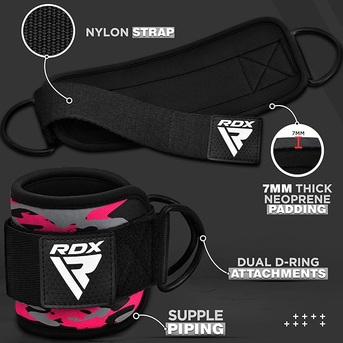 RDX Ankle Straps for Cable Machines – 7MM Neoprene Padded 10"x4" Adjustable Gym Cuffs with Dual D-Rings – Weight Attachments for Wrist Glutes Leg Kickbacks Hip Abduction Strength Workouts – Men Women