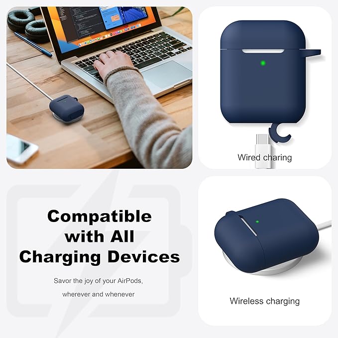 R-fun Compatible with AirPods Case Cover, Soft Silicone Protective Cover with Keychain for Women Men Compatible with Apple AirPods 2nd 1st Generation Charging Case, Front LED Visible,Midnight Blue