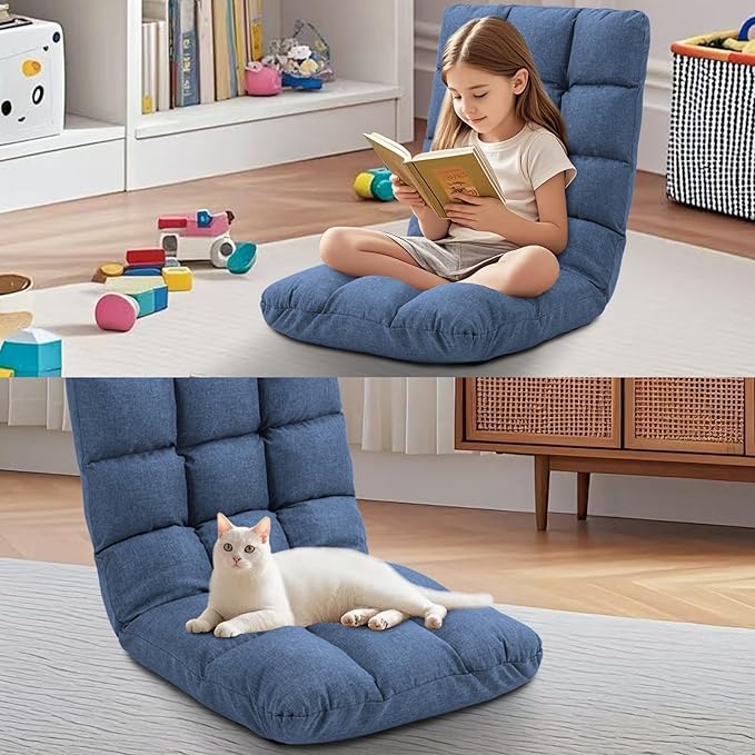 Folding Floor Chair with Back Support, 14 Adjustable Positions, Breathable Padded Sleeper Bed, Couch Recliner, Gaming Sofa Chair for Adults & Kids, Perfect for Meditating, Reading, Living Room (Blue