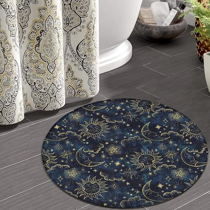 Large Machine Washable Circular Rugs, Home Decor Round Mat for Living Room Sofa Office Compatible with Sun Moon Boho Astrology