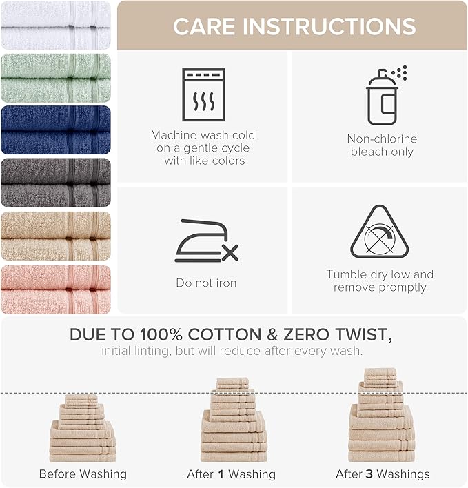 Comfort Spaces 12-Piece Luxury Bath Towel Set - 4 Large, 4 Hand, 4 Washcloth, 100% Cotton, Quick Dry, Zero Twist, Soft, Lightweight - Beige Tan