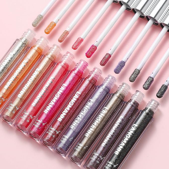 LANGMANNI 2 Colors Diamond Glitter Lip Gloss Set,Long Lasting High Shine Shimmer Liquid Lipstick Set,Hydrating,Moisturizing Lip Gloss Kit Gift Makeup For Girls(#03+04)