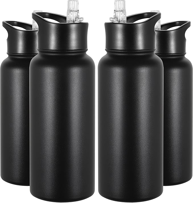 VEGOND 32 oz Insulated Water Bottle Bulk Stainless Steel Metal Water Bottles with Leak Proof Straw Lid & Spout Lid, Wide Mouth Double Walled Vacuum Travel Sports Bottle, 4 Pack