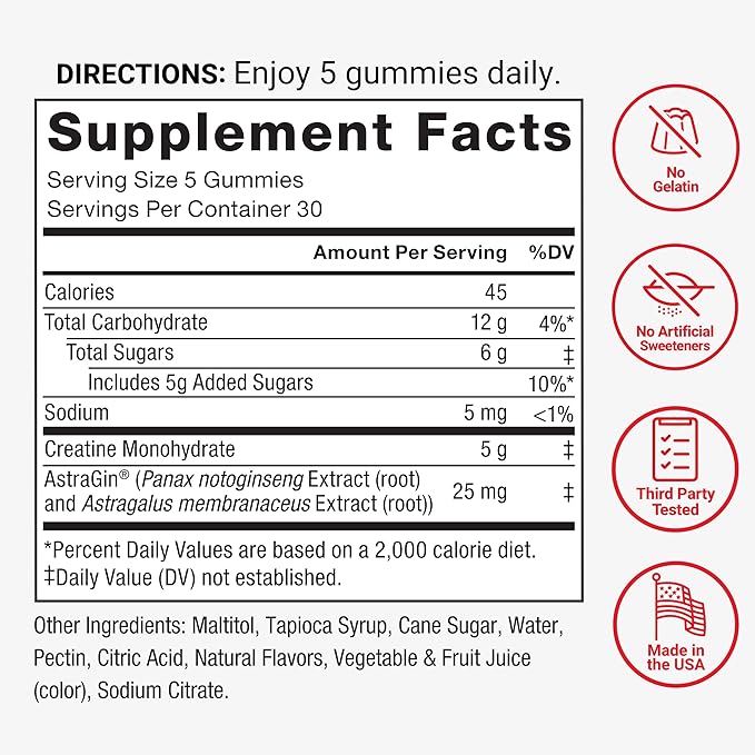 Force Factor Creatine Monohydrate Gummies, 5g Dose for Men & Women to Support Muscle, Strength, Recovery, Cognitive Health & Memory, Assorted Fruit Flavors, 150 Gummies