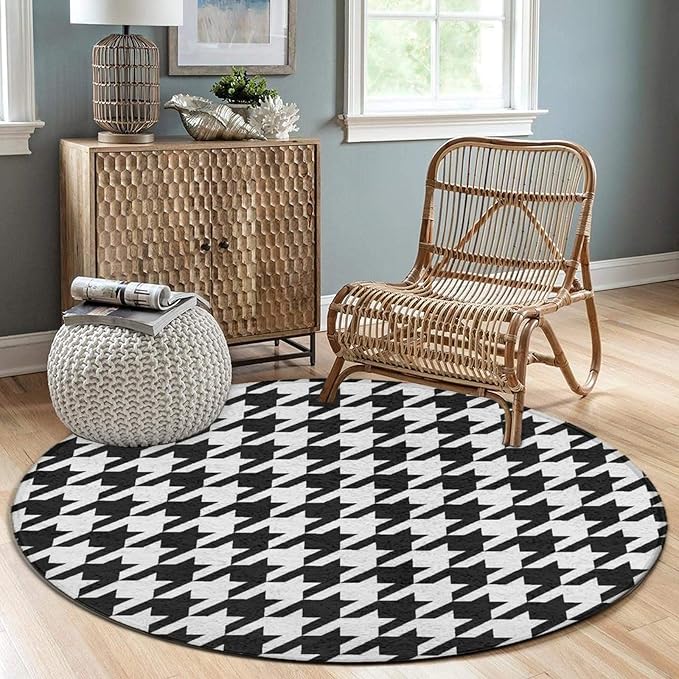 Large Machine Washable Circular Rugs, Home Decor Round Mat for Living Room Sofa Office Compatible with Black and White Houndstooth