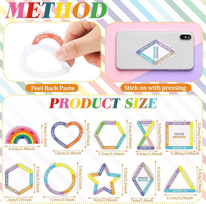Crtiin 50 Pieces Anxiety Sensory Stickers for Anxiety Relief Items Mental Health Stickers Fidget Textured Strips for Office Classroom Desk Relieve Adult Stress(Vivid Style)