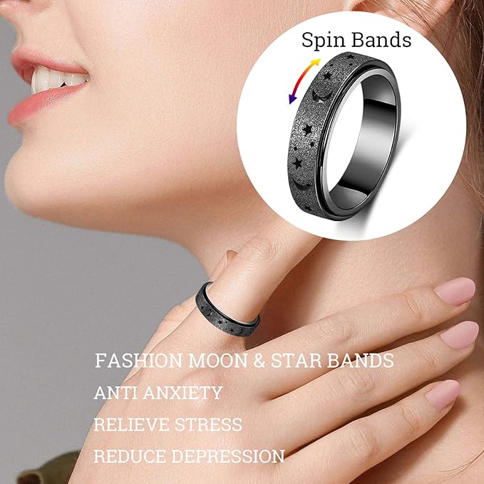 Anxiety Spinner Ring - Stainless Steel Fidget Ring for Men & Women - Moon Star Black 8