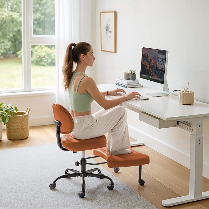 Furmax Ergonomic Criss Cross Legged Office Chair with Wheels, 360°Swivel Adjustable Height Kneeling Desk Chair with Footrest for ADHD, Yoga, Meditation, Home Office (Leather, Brown)