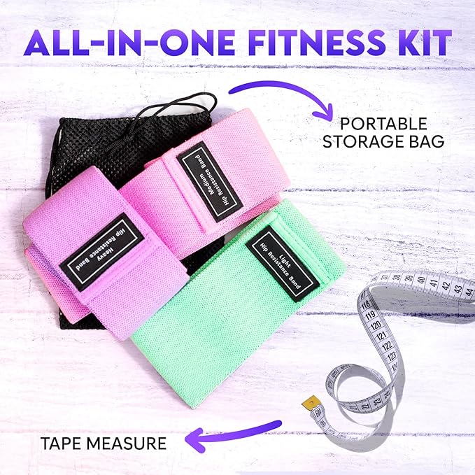 Wide Fabric Resistance Bands for Working Out | 3 Strength Level Non-Slip Exercise Booty Bands for Women & Men | Comes with a Bag and Tape Measure | for Gym, Yoga, Pilates
