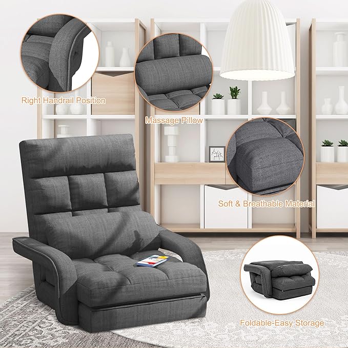 Adjustable Floor Gaming Chair for Adults, 6-Position Chaise Lounge Chair with Meditation Arm, Foldable Lazy Sofa with Pillow, Comfy Chair Indoor for Bedroom Dorm Living Room, Charcoal