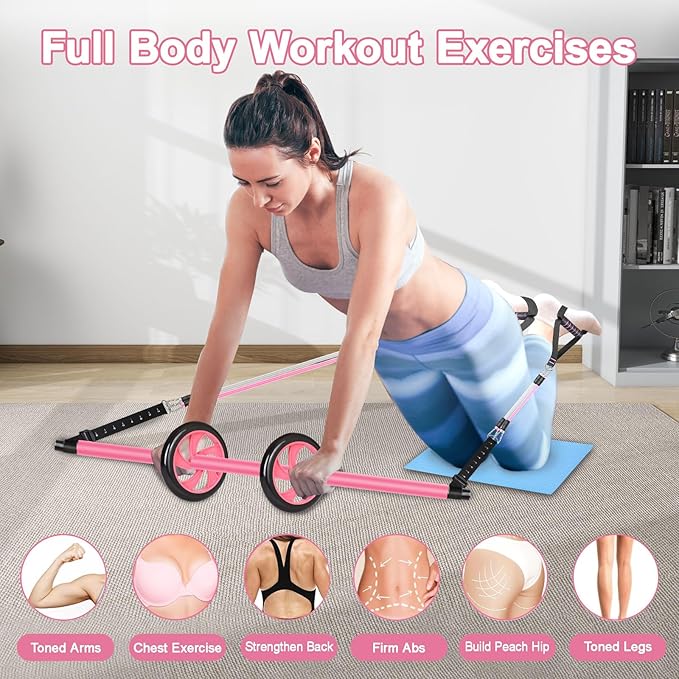 Pilates Bar Kit with Resistance Bands,Ab Roller,2 in 1 Foot Strap & Handle,Door Anchor Pilates Equipment with Resistance Bands, Portable Home Gym Yoga Fitness Bar for Women & Men