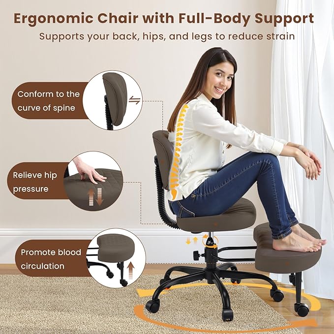 Cross Legged Office Chair with Wheels, Wide Criss Cross Kneeling Home Office Desk Chairs with Back Support, Ergonomic Adjustable Height ADHD Stool with Rotating Footrest for Yoga Meditation