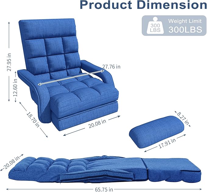 Floor Gaming Chair, 6 Adjustable Position Comfy Chair with Back Support, Ergonomic Chaise Lounge Chair, Meditation Chair with Armrest for Living Room, Bedroom, Blue