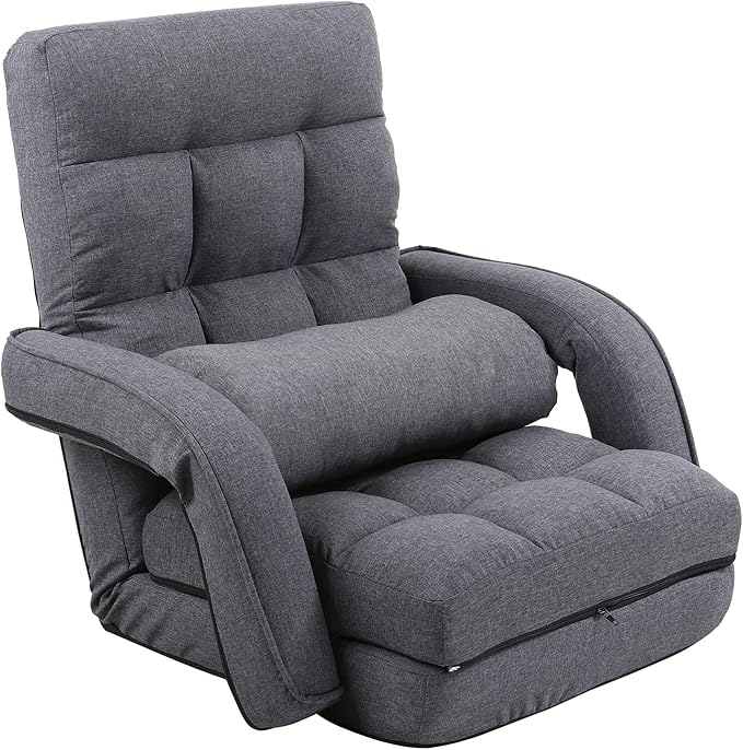 FLOGUOR 14-Position Adjustable Floor Chair, Chaise Lounge Indoor, Folding Lazy Sofa with Armrests and a Pillow Padded Adults Gaming Chairs for Living Room, Bedroom Factory Price,8803 (Grey)