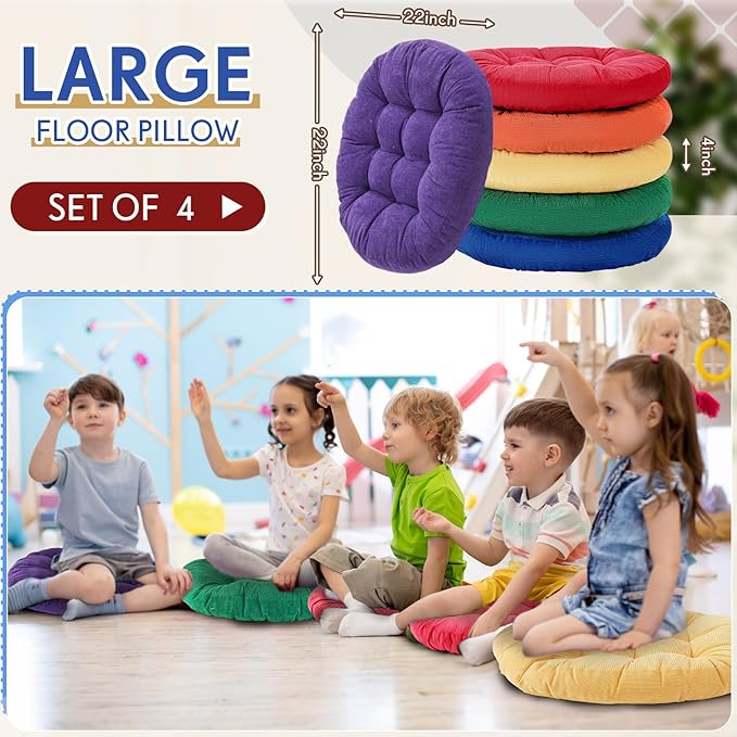 Jerify 6 Pcs Round Floor Pillows Cushions 22 x 22 Inch Large Flexible Seating Cushion Classroom Furniture Floor Pillow for Kids Adults Home Daycare Preschool Yoga Meditation Gift (Rainbow Color)