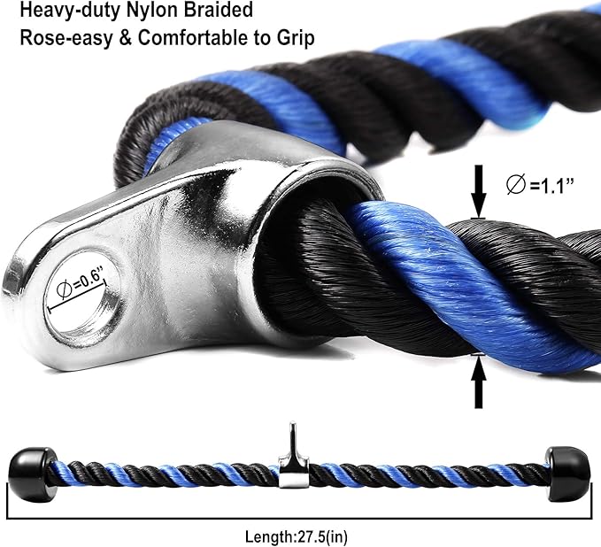 Deluxe Tricep Rope Pull Down Cable, 27 & 36 Inch Rope Length, Easy to Grip & Non-Slip Cable Attachment for Gym Workout Exercise