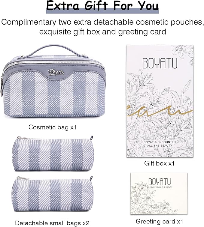 BOYATU Travel Makeup Bag Organizer Cosmetic Bag: 3 Pcs Set Make up Bags for Women with Handle - Waterproof Vegan Leather Toiletry Bags Travel Essentials Pouch with Compartments (F-05-Blue)