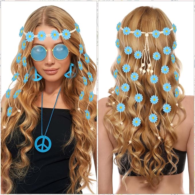 6 Pcs Hippie Costume Accessories Set, Flower Hippie Headband Boho Peace Sign Necklace Earrings Sunglasses Bracelet