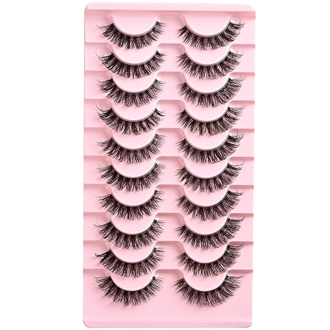 Lashes False Wispy Eyelashes Natural Cat Eye Lash Strips 10 Pairs Fake Mink Eyelash Pack 9-14mm Natural Look Fluffy Strip Lashes Clear Band Easy Eyelashes for Beginners with Cluster Looking