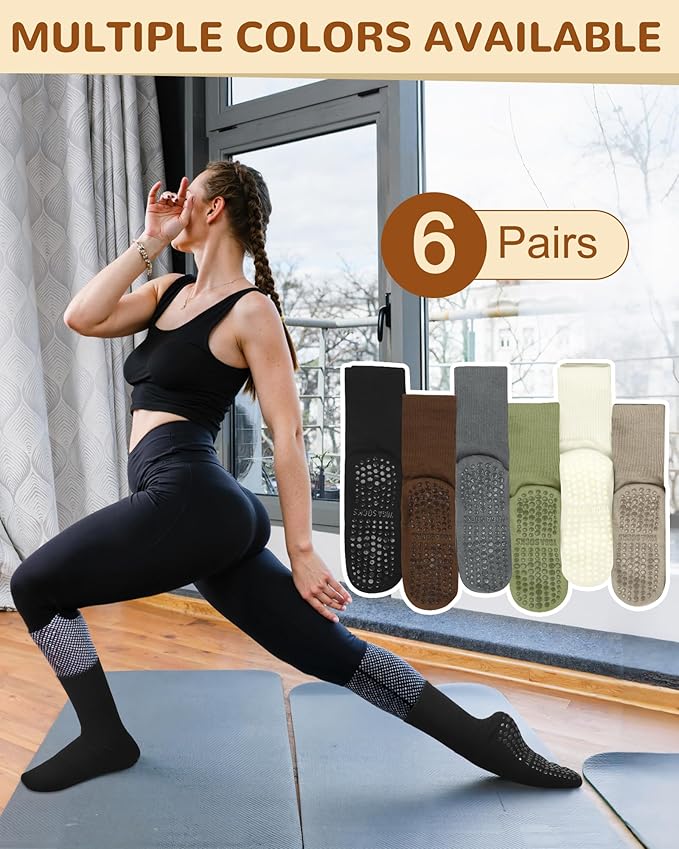 Justay 6 Pairs Pilates Socks with Grips for Women Soft Non Slip Crew Cotton Athletic Workout Barre Hospital Yoga Socks