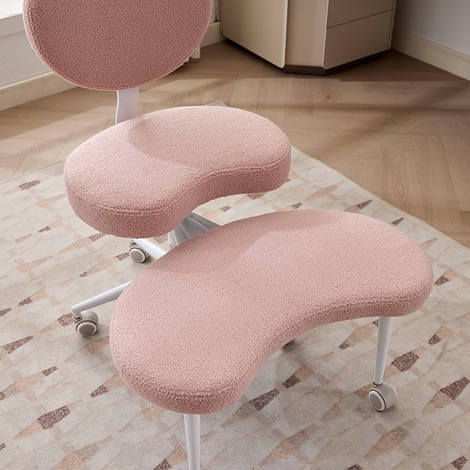 Cross-Legged Meditation Chair with Wheels, Adjustable Desk Chair for Home Office, Ergonomic Floor Seat for ADHD & Yoga, Criss Cross Chair with Lumbar Support, Memory Foam Cushion (Pink-Teddy Fabric)