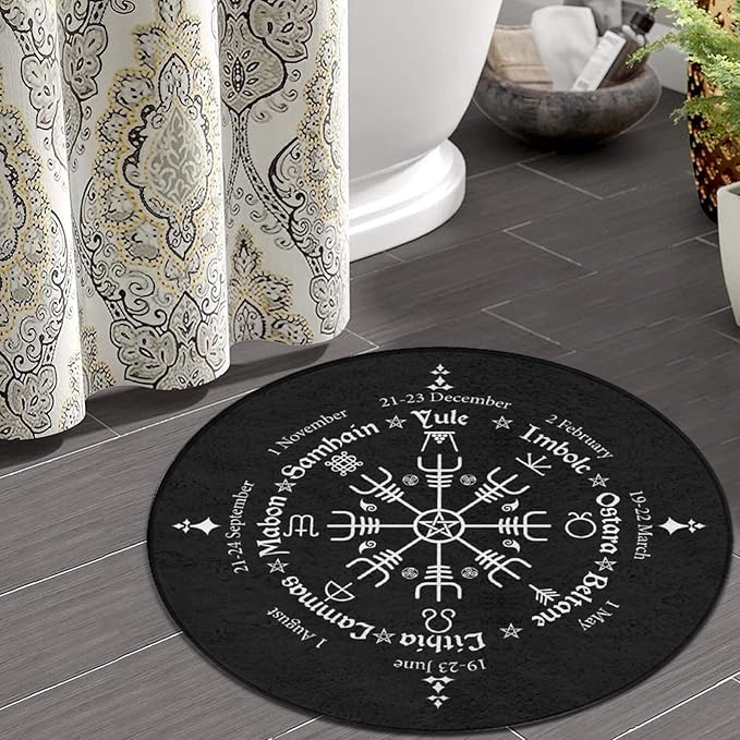 Large Home Decor Mat, Soft Round Yoga Carpet, Non-Slip Machine Washable Home Office Circle Rug Compatible with Norse Viking Vegvisir Compass Goth Pentagram