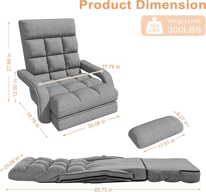 Floor Gaming Chair with 6 Adjustable Position, Foldable Lazy Sofa Chair with Armrest for Adult, Comfy Chaise Lounge Indoor, Breathable Floor Bed Sleeper for Bedroom, Yoga, Dorm