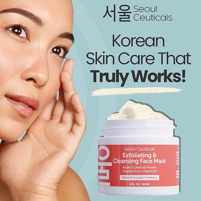 SeoulCeuticals Korean Face Scrub - Exfoliating Face Mask Skincare K Beauty Mask for Glass Skin - Kaolin Clay + Charcoal Cream Exfoliant Mask 2oz